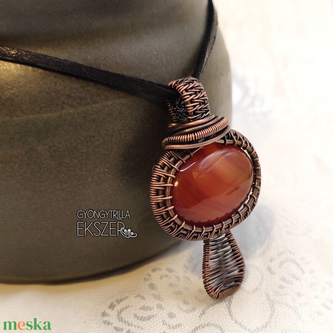 Malachit gomba medál antikolt vörösréz befoglalással - ékszer - nyaklánc - medál - Meska.hu