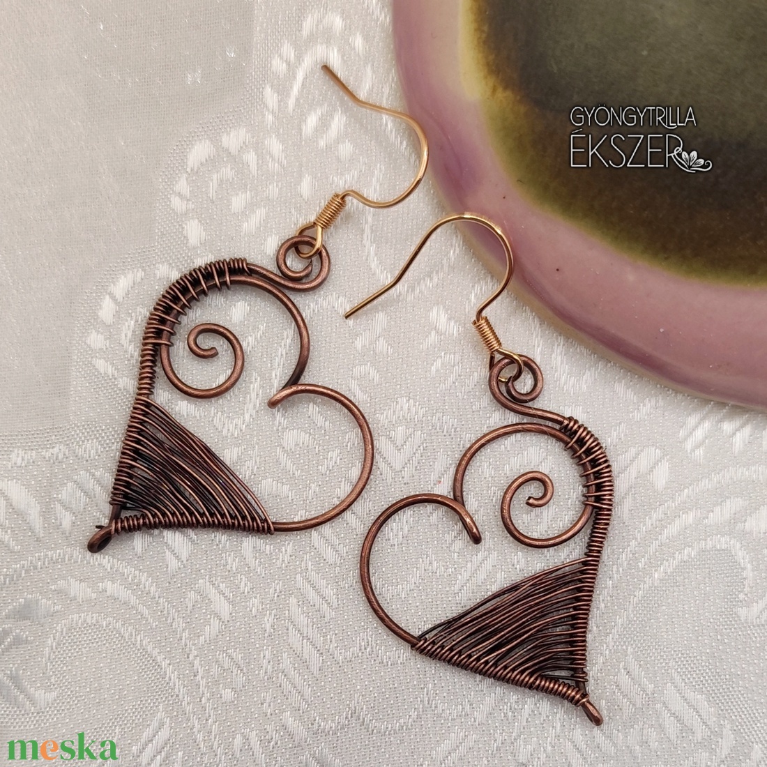 Vörösréz drót szív fülbevaló acél akasztóval  - ékszer - fülbevaló - lógó fülbevaló - Meska.hu