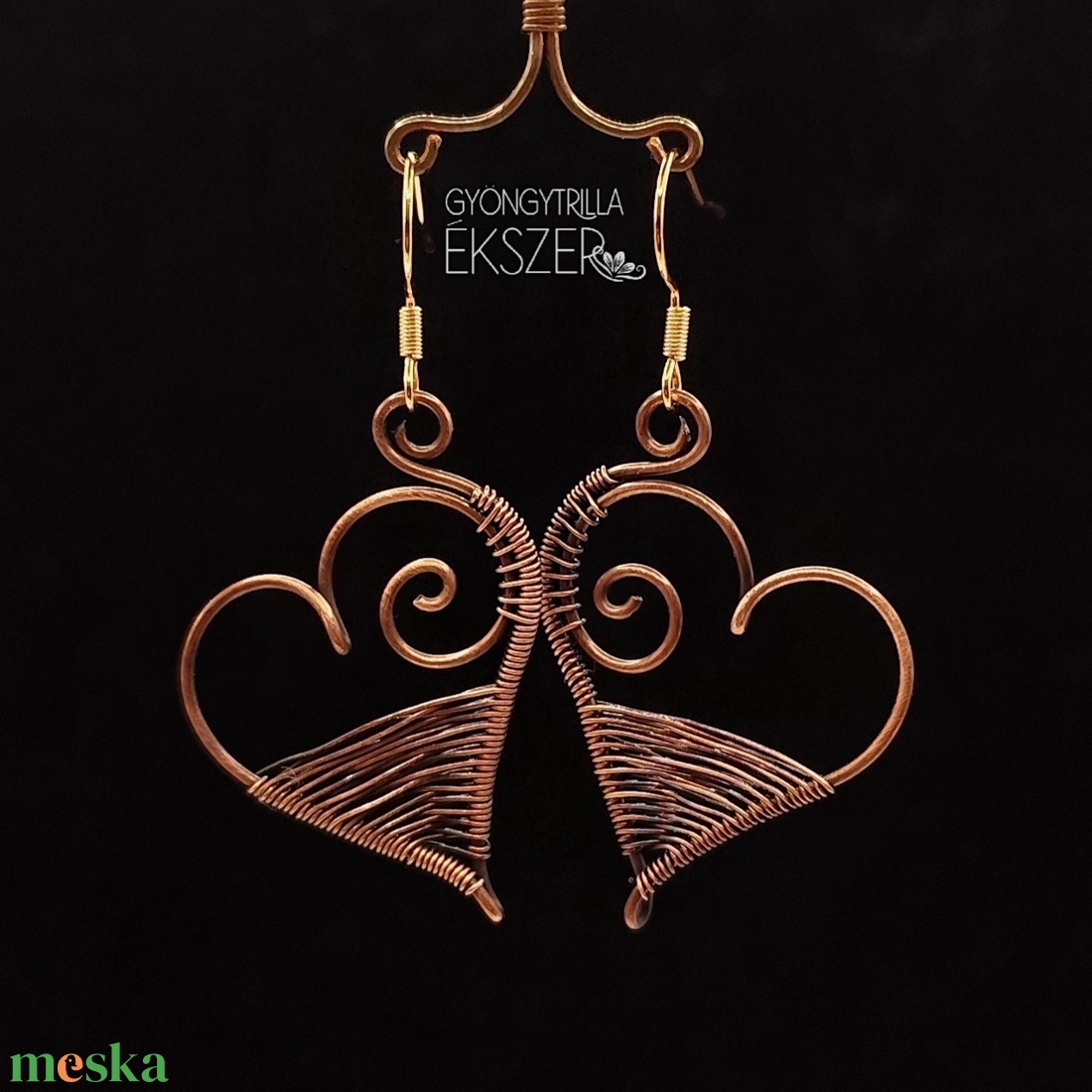 Vörösréz drót szív fülbevaló acél akasztóval  - ékszer - fülbevaló - lógó fülbevaló - Meska.hu