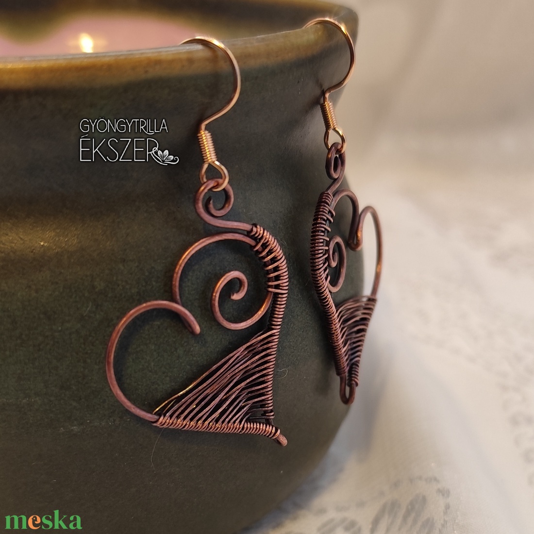 Vörösréz drót szív fülbevaló acél akasztóval  - ékszer - fülbevaló - lógó fülbevaló - Meska.hu