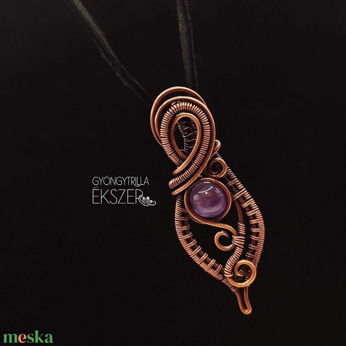 Ametiszt ásványgyöngyös antikolt rézdrót medál  - ékszer - nyaklánc - medál - Meska.hu