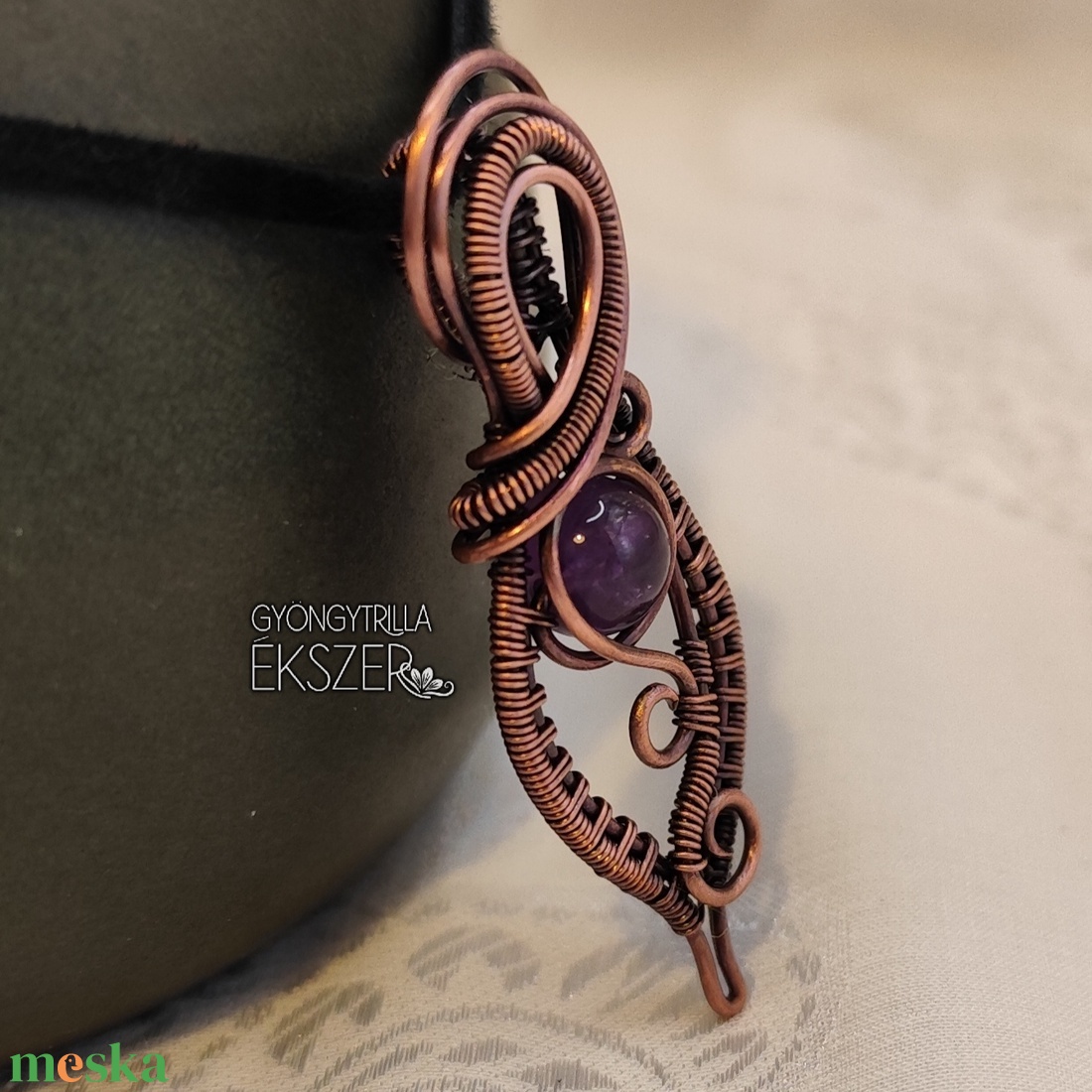 Ametiszt ásványgyöngyös antikolt rézdrót medál  - ékszer - nyaklánc - medál - Meska.hu