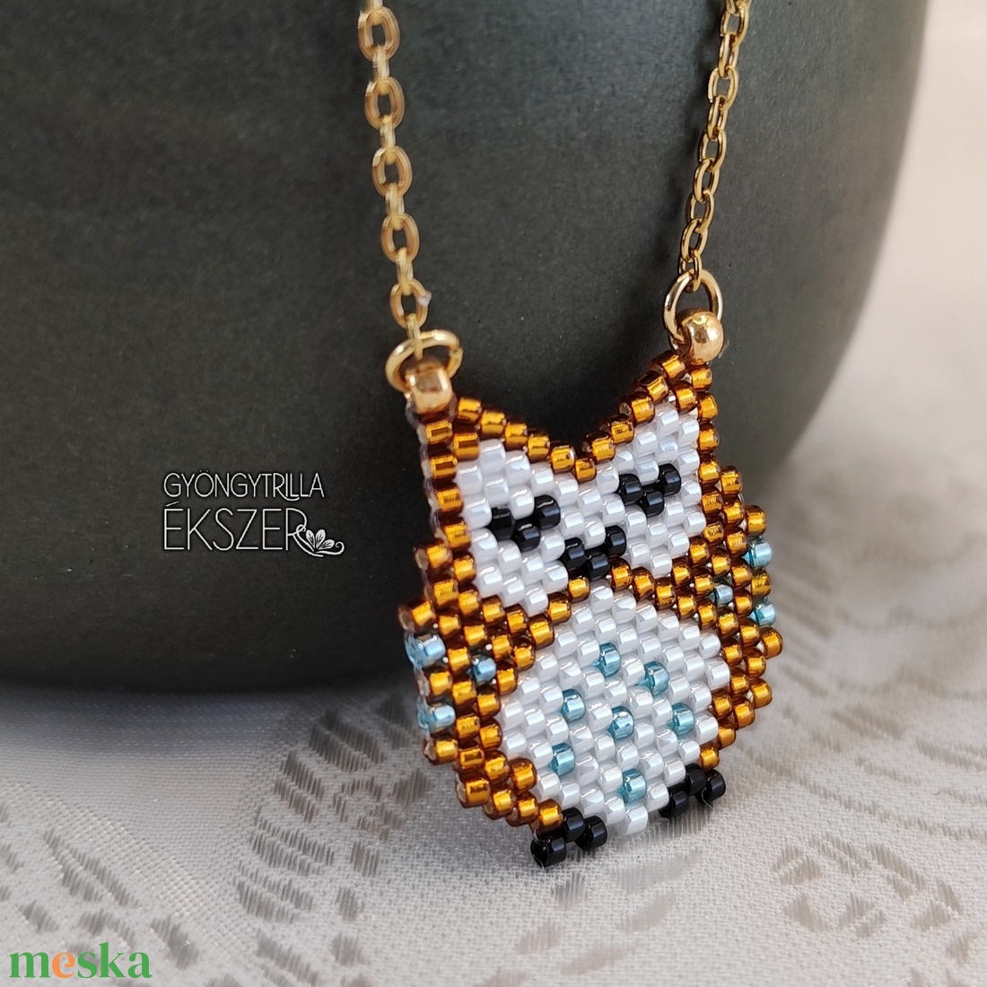 Bagoly gyöngyfűzött nyaklánc  - ékszer - nyaklánc - medálos nyaklánc - Meska.hu