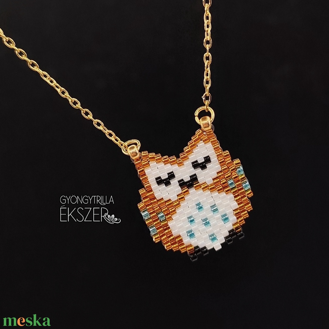 Bagoly gyöngyfűzött nyaklánc  - ékszer - nyaklánc - medálos nyaklánc - Meska.hu