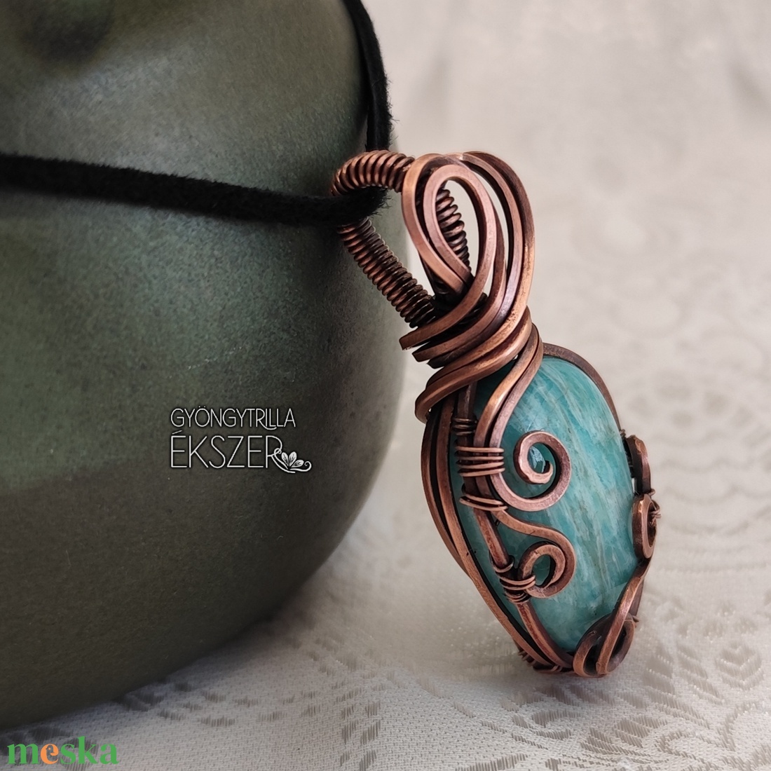 Amazonit medál antikolt vörösréz befoglalással - ékszer - nyaklánc - medál - Meska.hu