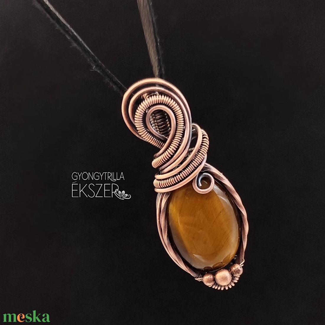 Tigrisszem medál antikolt vörösréz befoglalással - ékszer - nyaklánc - medál - Meska.hu