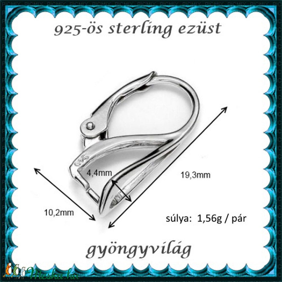  925-ös sterling ezüst ékszerkellék: fülbevalóalap biztonsági kapoccsal EFK K 16 - kellékek & szerszámok - gyöngyfűzés kellékek - egyéb alkatrész - Meska.hu
