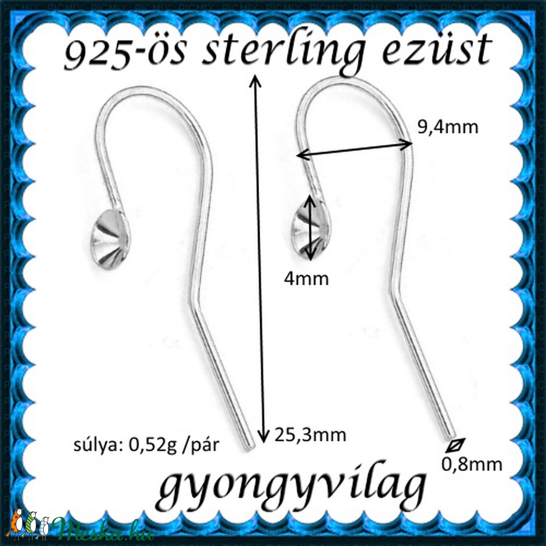  925-ös sterling ezüst ékszerkellék: fülbevalóalap akasztós EFK A 59-4 - gyöngy, ékszerkellék - egyéb alkatrész - Meska.hu