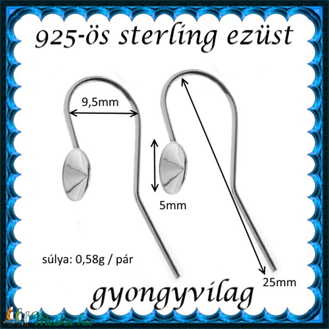  925-ös sterling ezüst ékszerkellék: fülbevalóalap akasztós EFK A 59-5 - gyöngy, ékszerkellék - egyéb alkatrész - Meska.hu