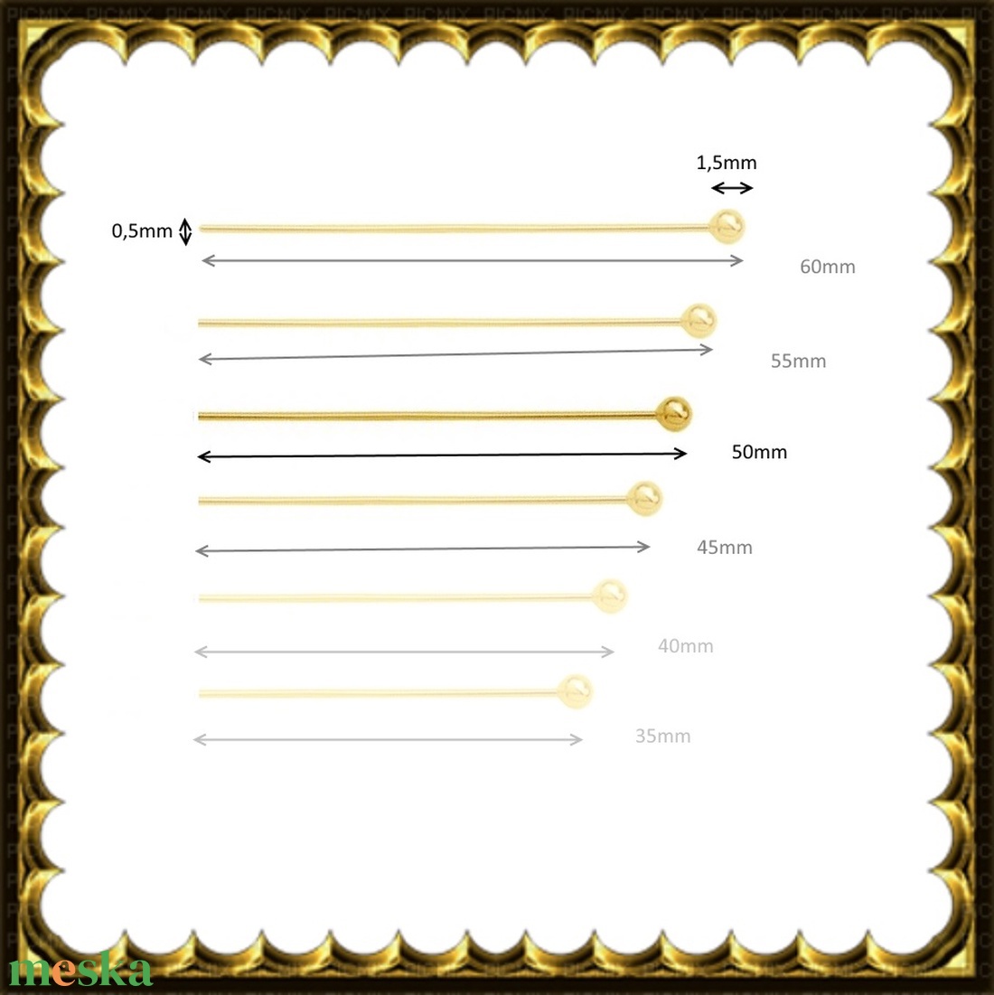 Gold  Filled szerelőpálca gömb végű  50  x 0,5mm-es - kellékek & szerszámok - gyöngyfűzés kellékek - egyéb alkatrész - Meska.hu
