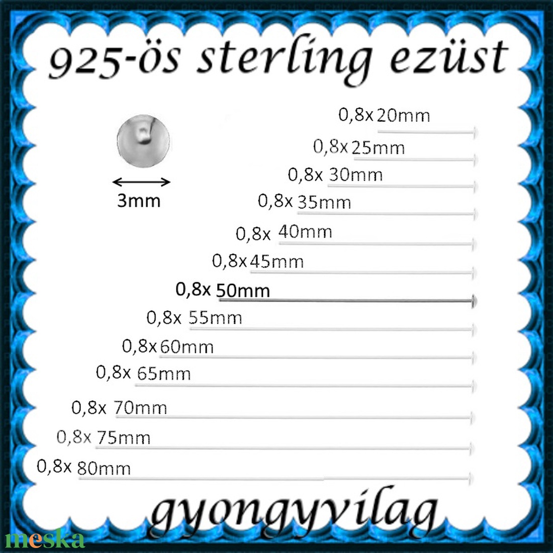 925-ös sterling ezüst ékszerkellék: szerelőpálca szög végű 50  x 0,8mm-es  - gyöngy, ékszerkellék - egyéb alkatrész - Meska.hu