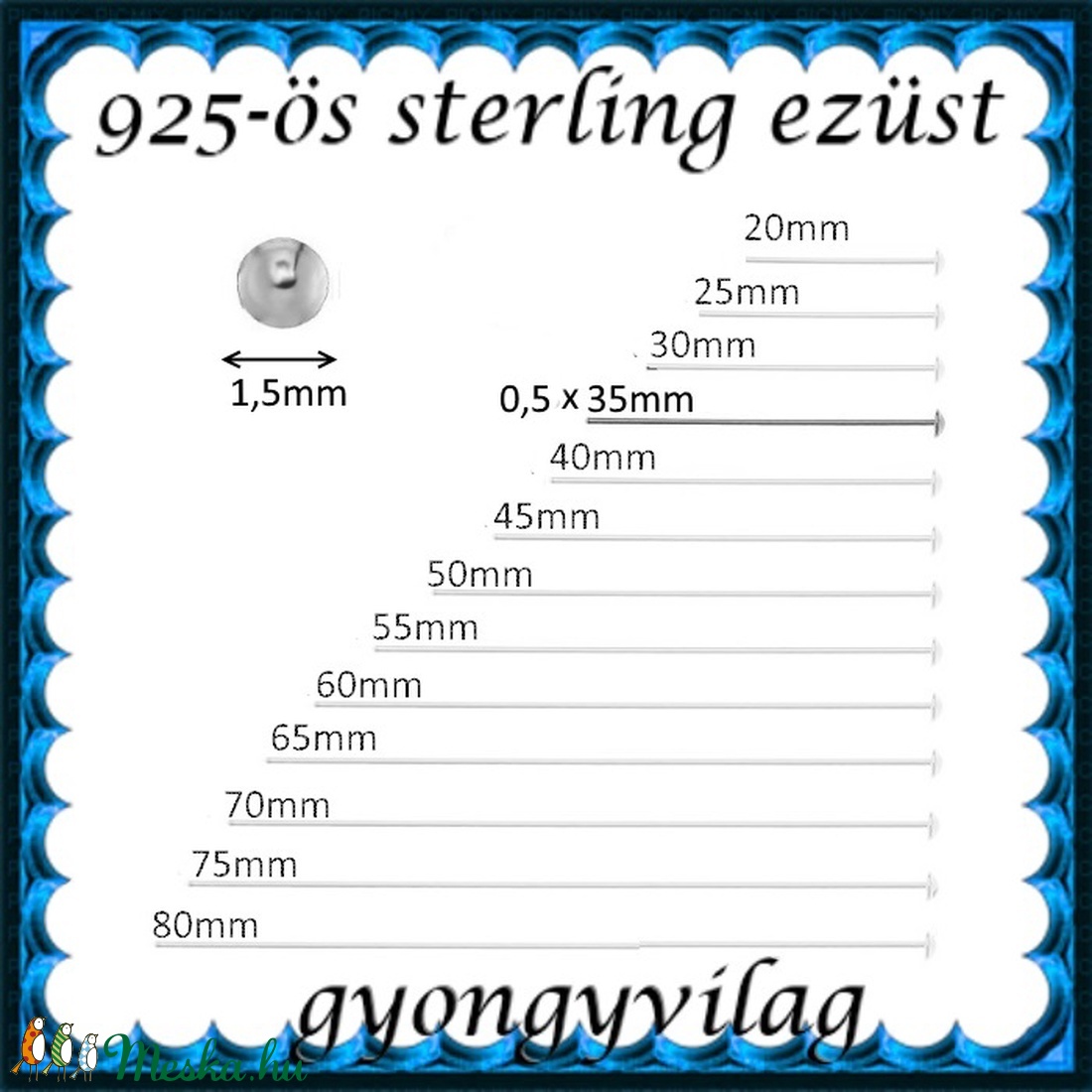 925-ös sterling ezüst ékszerkellék: szerelőpálca szög végű 35  x 0,5mm-es  - gyöngy, ékszerkellék - egyéb alkatrész - Meska.hu