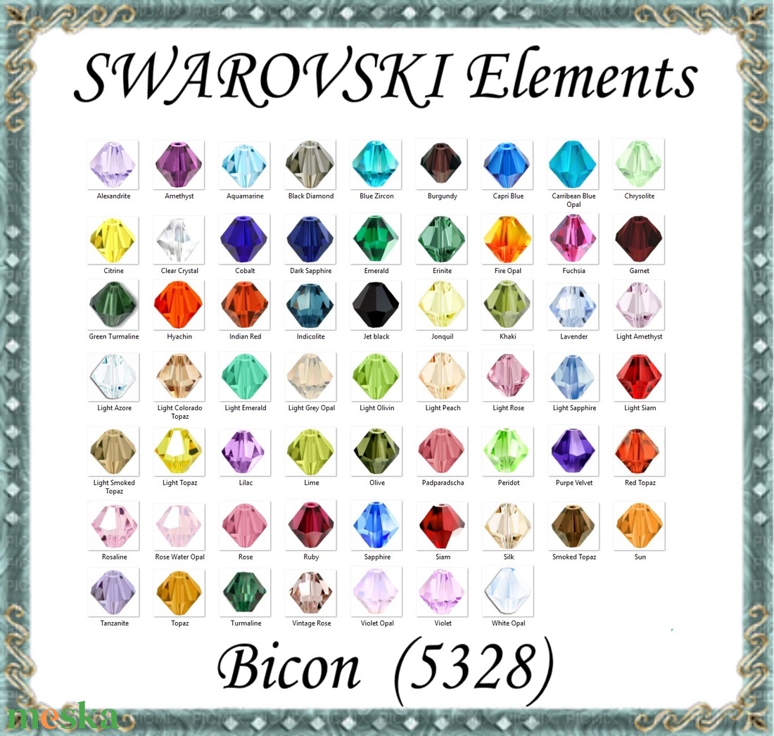 Ékszerkellék: Swarovski bicon több színben 4mm SWGY5328-4 24db/csomag - kellékek & szerszámok - gyöngyfűzés kellékek - swarovski kristályok - Meska.hu Ékszerkellék: Swarovski bicon több színben 4mm SWGY5328-4 24db/csomag - kellékek & szerszámok - gyöngyfűzés kellékek - swarovski kristályok - Meska.hu