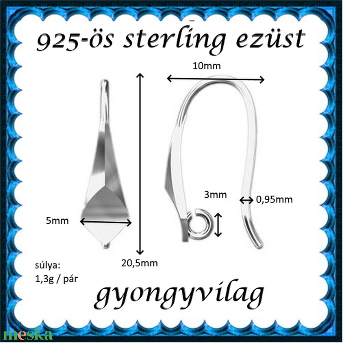 925-ös sterling ezüst ékszerkellék: fülbevalóalap akasztós EFK A 78 - kellékek & szerszámok - gyöngyfűzés kellékek - egyéb alkatrész - Meska.hu