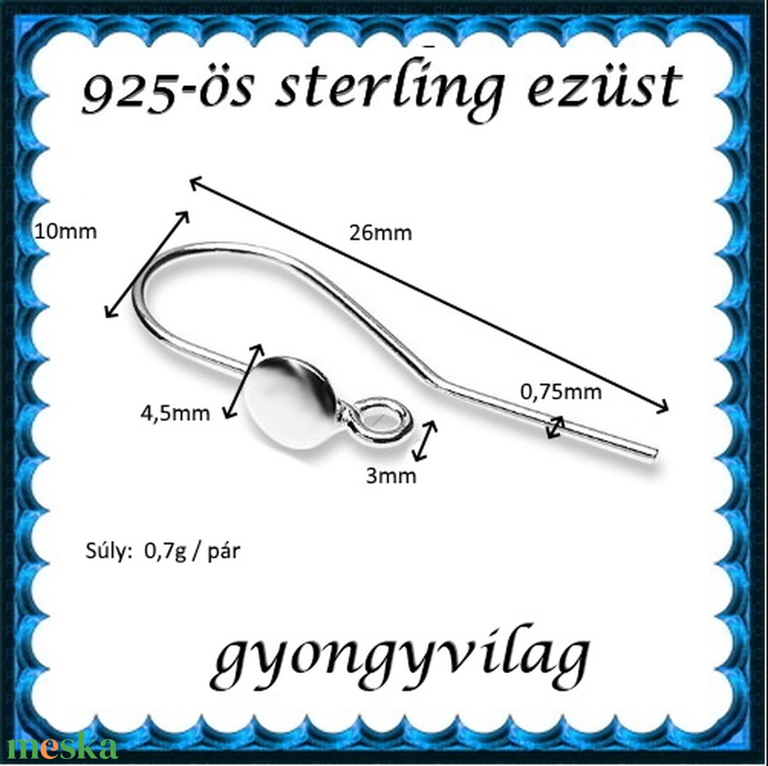 925-ös sterling ezüst ékszerkellék: fülbevalóalap akasztós EFK A 80 - kellékek & szerszámok - gyöngyfűzés kellékek - egyéb alkatrész - Meska.hu