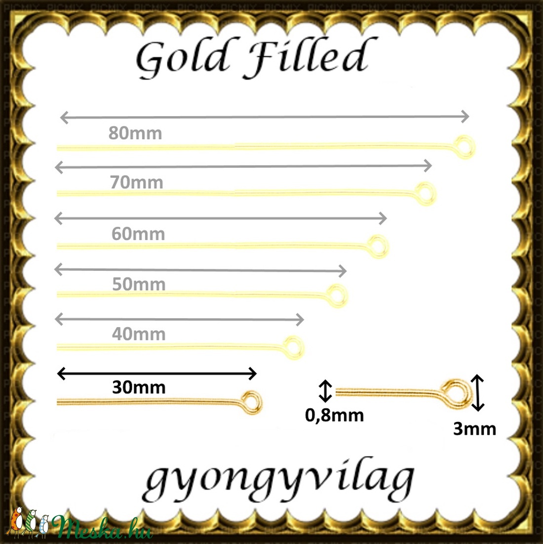 Gold  Filled szerelőpálca hurkos végű  30  x 0,8mm-es - kellékek & szerszámok - gyöngyfűzés kellékek - szerelőpálca - Meska.hu
