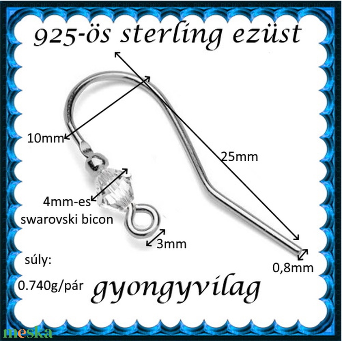 925-ös sterling ezüst ékszerkellék: fülbevaló kapocs, akasztós EFK A 88 - kellékek & szerszámok - gyöngyfűzés kellékek - egyéb alkatrész - Meska.hu