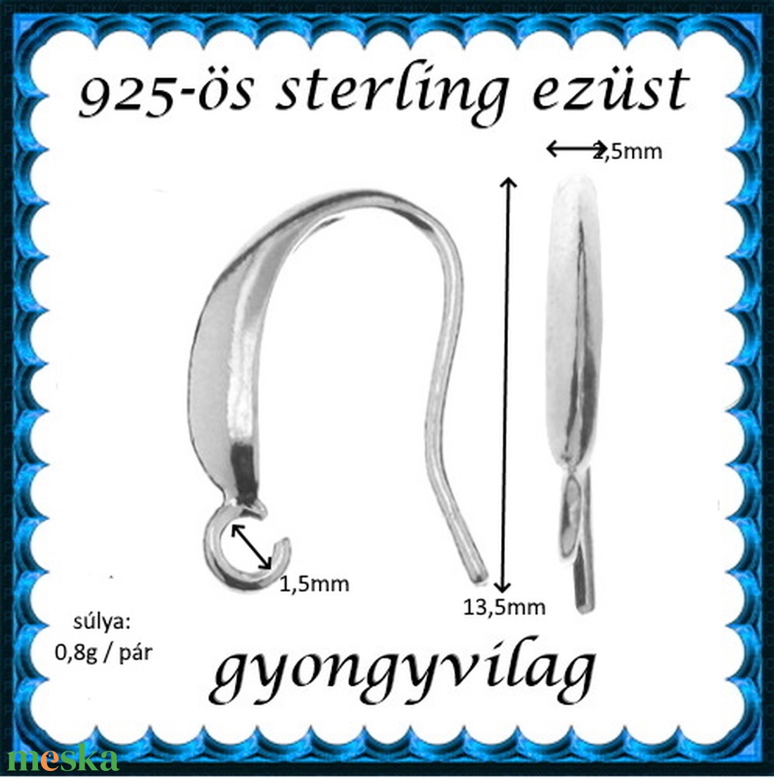  925-ös sterling ezüst ékszerkellék: fülbevalóalap akasztós EFK A 73-2 - kellékek & szerszámok - gyöngyfűzés kellékek - egyéb alkatrész - Meska.hu