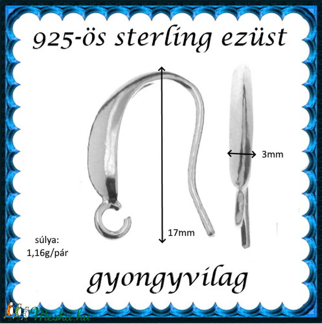  925-ös sterling ezüst ékszerkellék: fülbevalóalap akasztós EFK A 93-3 - kellékek & szerszámok - ékszerkellék - fülbevaló alap - Meska.hu