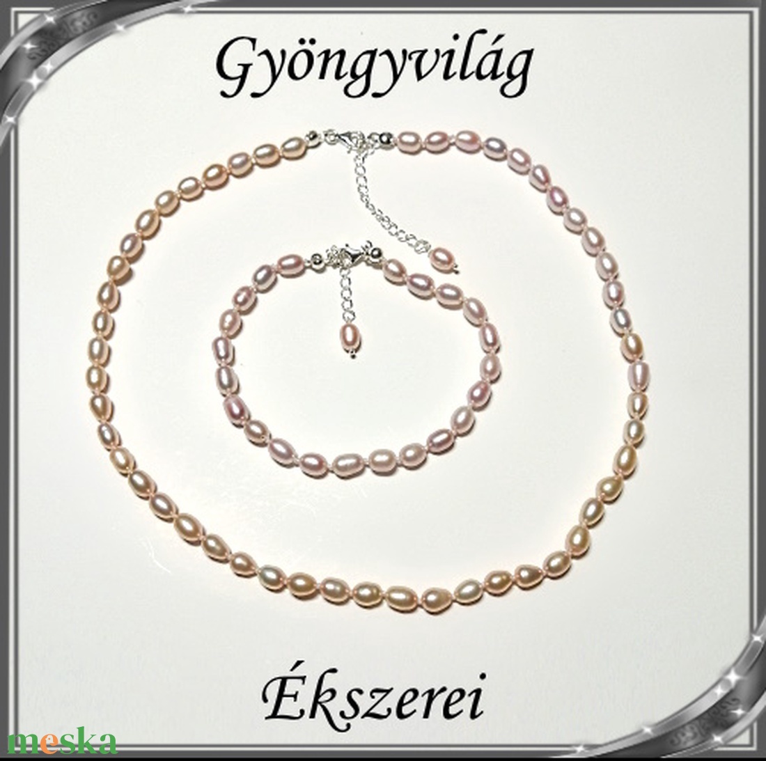 Édesvizi igazgyöngy nyaklánc-karkötő szett, 925-ös ezüst kapoccsal SSZE-IG01 mauve - ékszer - ékszerszett - Meska.hu