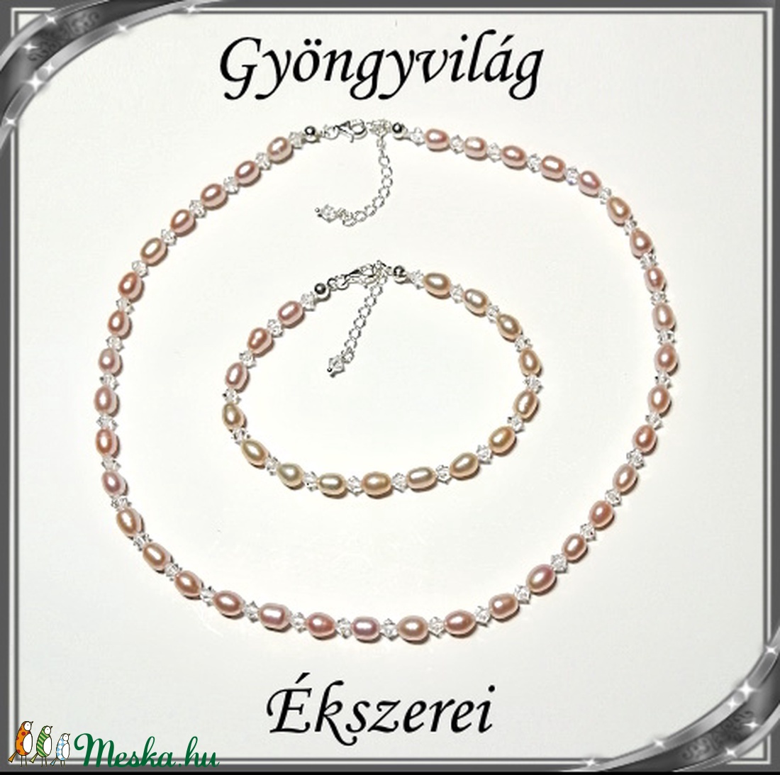 Édesvizi igazgyöngy-swarovski nyaklánc-karkötő szett, 925-ös ezüst kapoccsal SSZE-IG02-1 7x5,5 mauve - ékszer - ékszerszett - Meska.hu