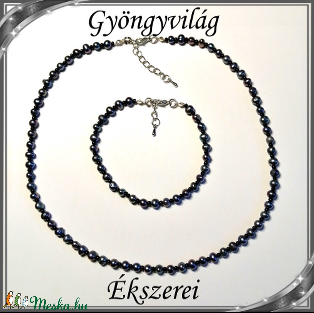 Édesvizi igazgyöngy nyaklánc-karkötő szett, ezüstözött kapoccsal SSZEB-IG02 5x5 black - ékszer - ékszerszett - Meska.hu