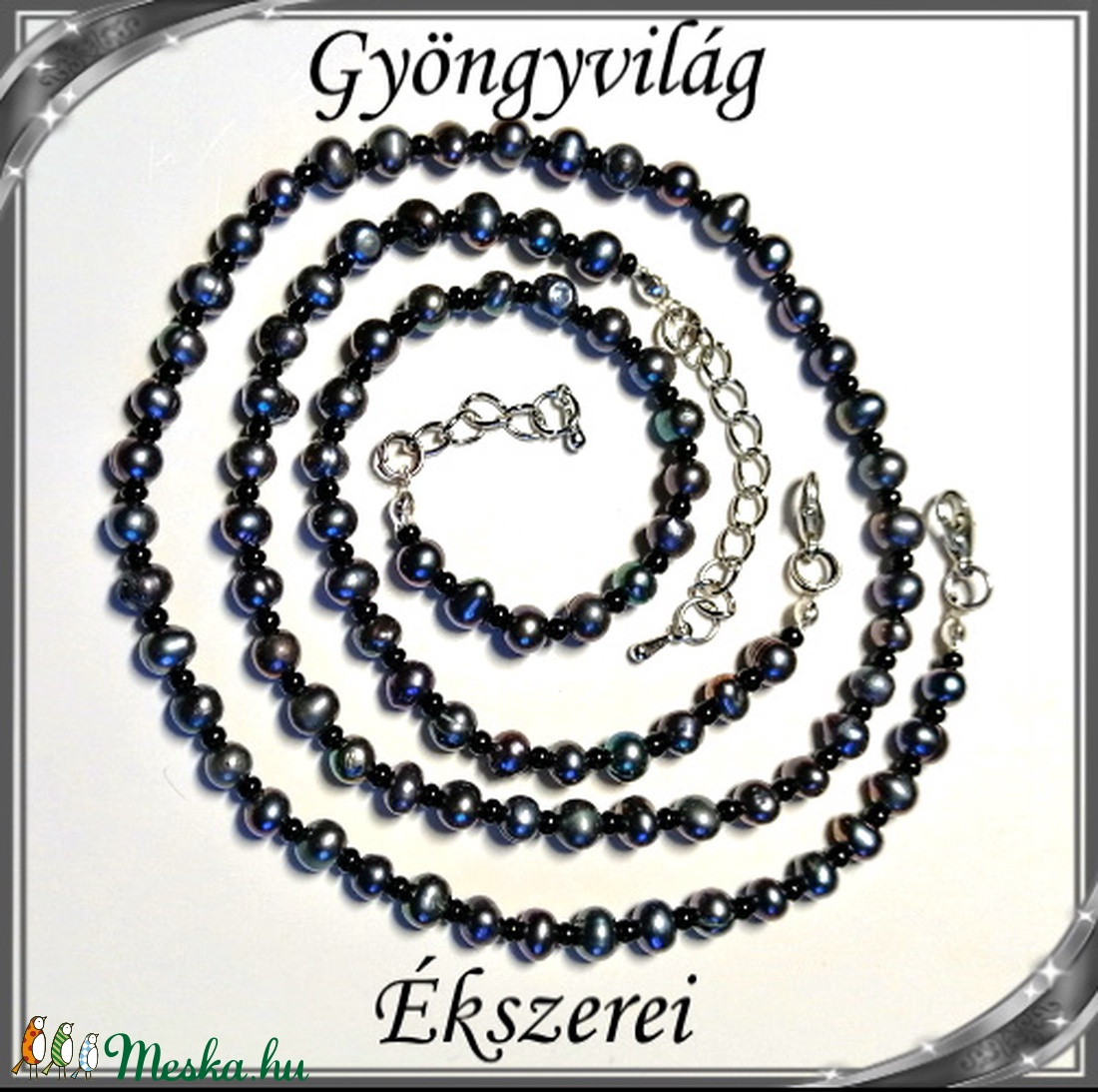 Édesvizi igazgyöngy nyaklánc-karkötő szett, ezüstözött kapoccsal SSZEB-IG02 5x5 black - ékszer - ékszerszett - Meska.hu