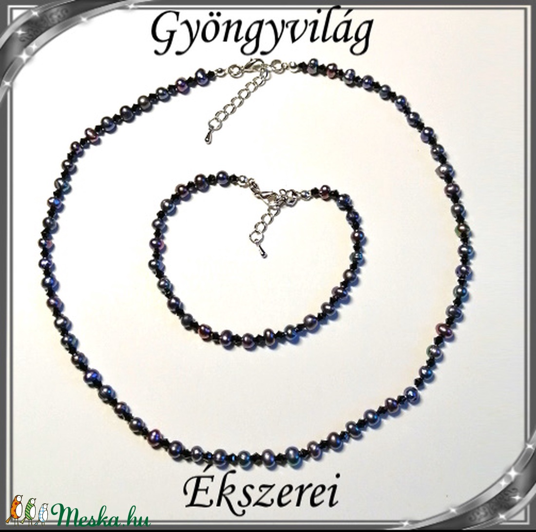 Édesvizi igazgyöngy nyaklánc-karkötő szett, ezüstözött kapoccsal SSZEB-IG03 5x5 black - ékszer - ékszerszett - Meska.hu