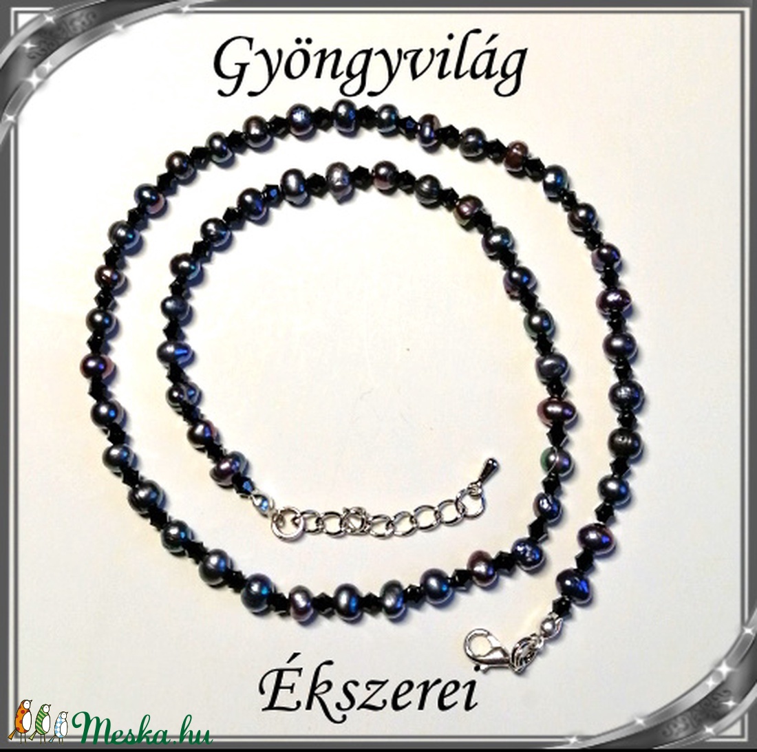 Édesvizi igazgyöngy nyaklánc-karkötő szett, ezüstözött kapoccsal SSZEB-IG03 5x5 black - ékszer - ékszerszett - Meska.hu