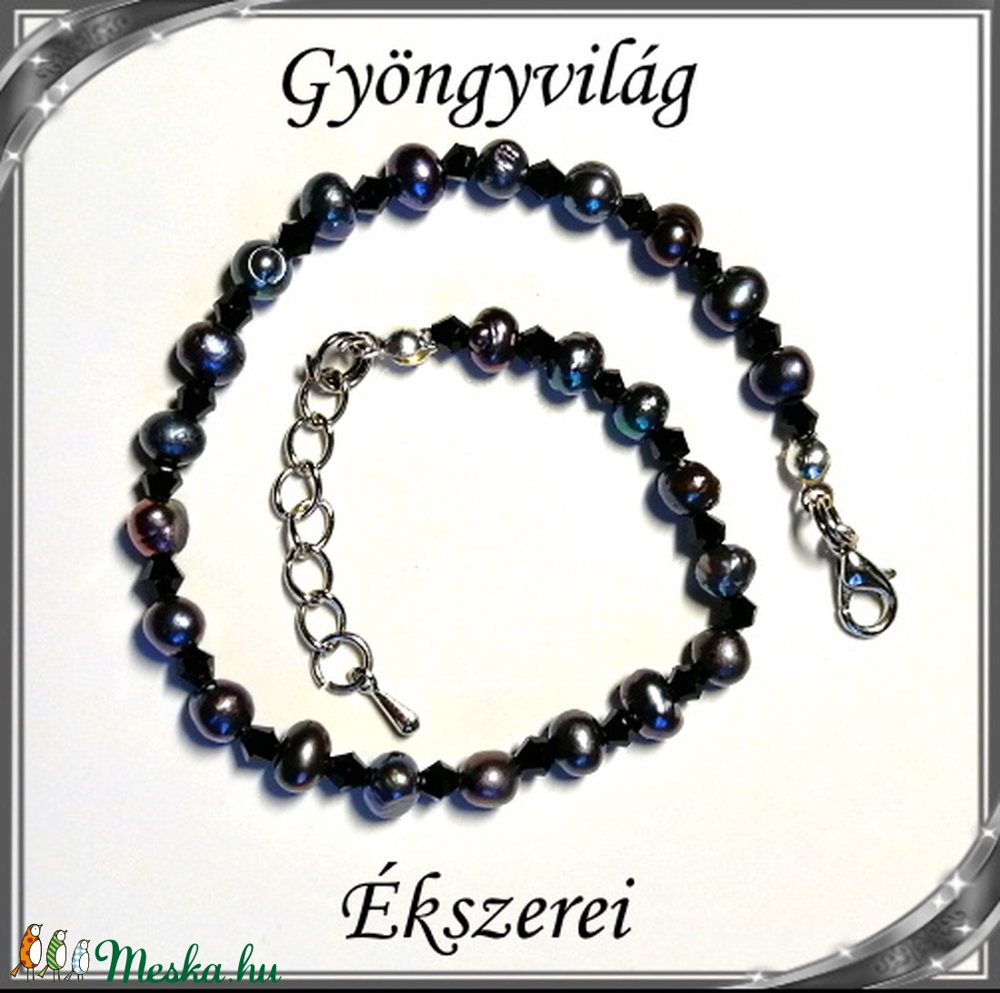 Édesvizi igazgyöngy nyaklánc-karkötő szett, ezüstözött kapoccsal SSZEB-IG03 5x5 black - ékszer - ékszerszett - Meska.hu