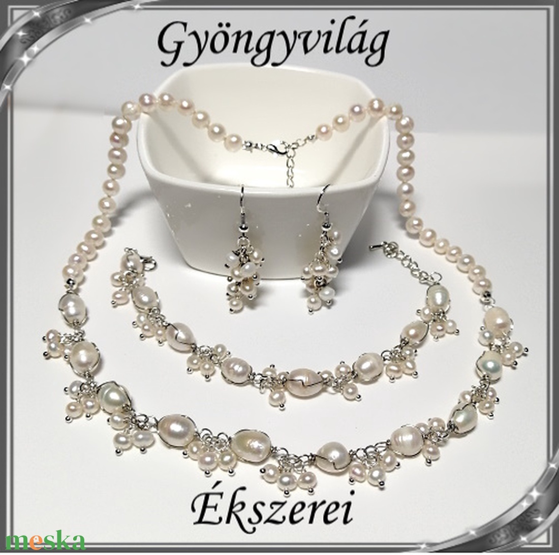 Édesvizi igazgyöngy nyaklánc-karkötő szett, ezüstözött kapoccsal SSZEB-IG08 fehér-e - ékszer - ékszerszett - Meska.hu Édesvizi igazgyöngy nyaklánc-karkötő szett, ezüstözött kapoccsal SSZEB-IG08 fehér-e - ékszer - ékszerszett - Meska.hu