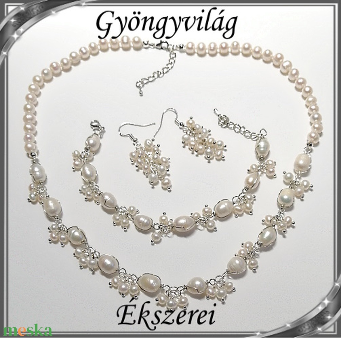 Édesvizi igazgyöngy nyaklánc-karkötő szett, ezüstözött kapoccsal SSZEB-IG08 fehér-e - ékszer - ékszerszett - Meska.hu Édesvizi igazgyöngy nyaklánc-karkötő szett, ezüstözött kapoccsal SSZEB-IG08 fehér-e - ékszer - ékszerszett - Meska.hu