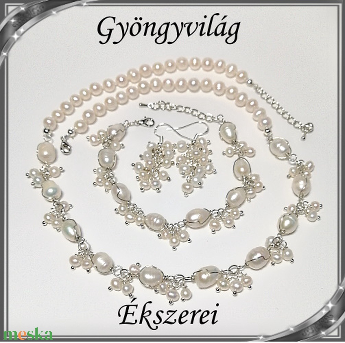 Édesvizi igazgyöngy nyaklánc-karkötő szett, ezüstözött kapoccsal SSZEB-IG08 fehér-e - ékszer - ékszerszett - Meska.hu Édesvizi igazgyöngy nyaklánc-karkötő szett, ezüstözött kapoccsal SSZEB-IG08 fehér-e - ékszer - ékszerszett - Meska.hu