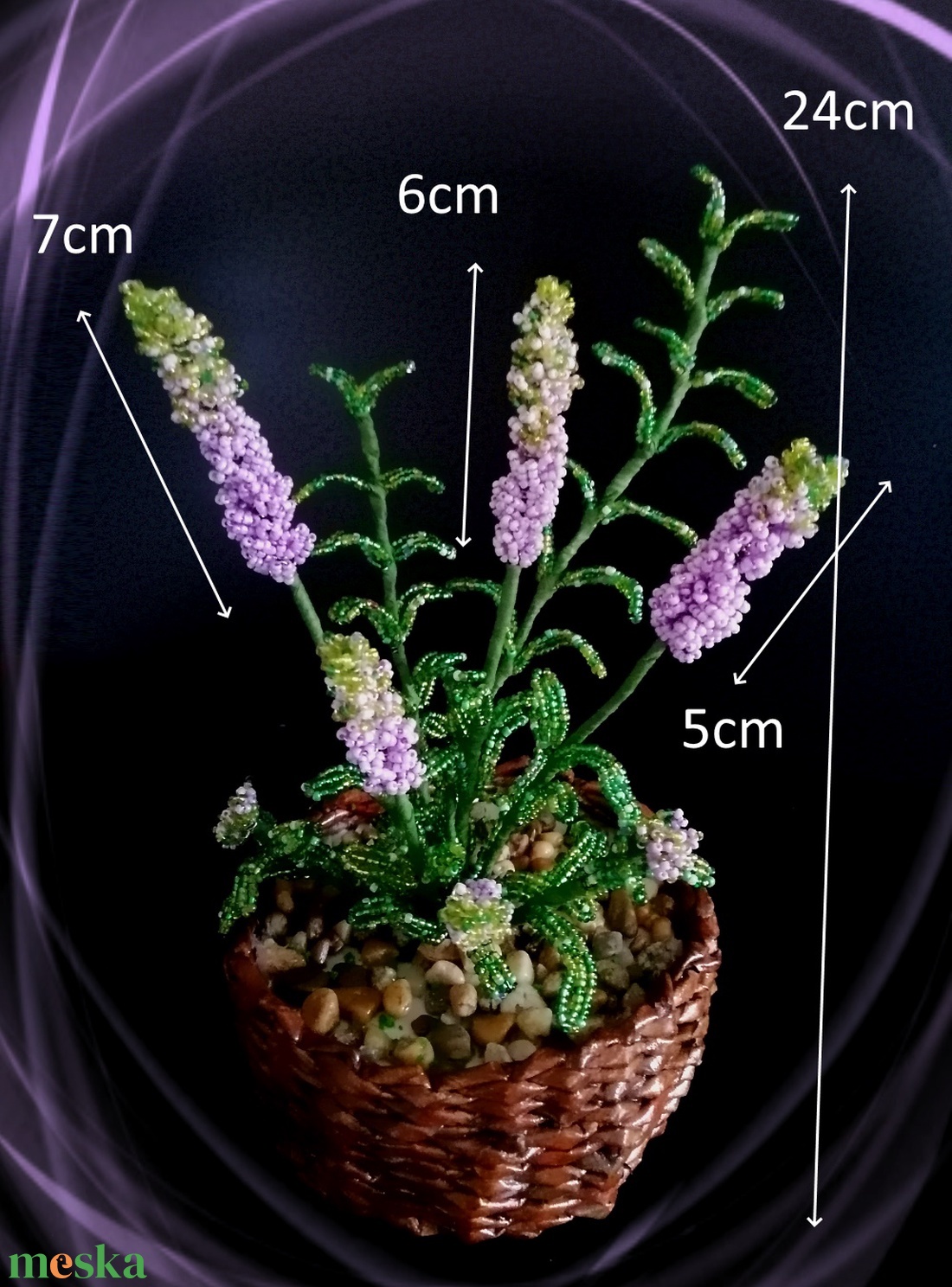 Gyöngyből készített levendula fonott kosárban GYV 01-4-2 - otthon & lakás - dekoráció - virágdísz és tartó - csokor & virágdísz - Meska.hu