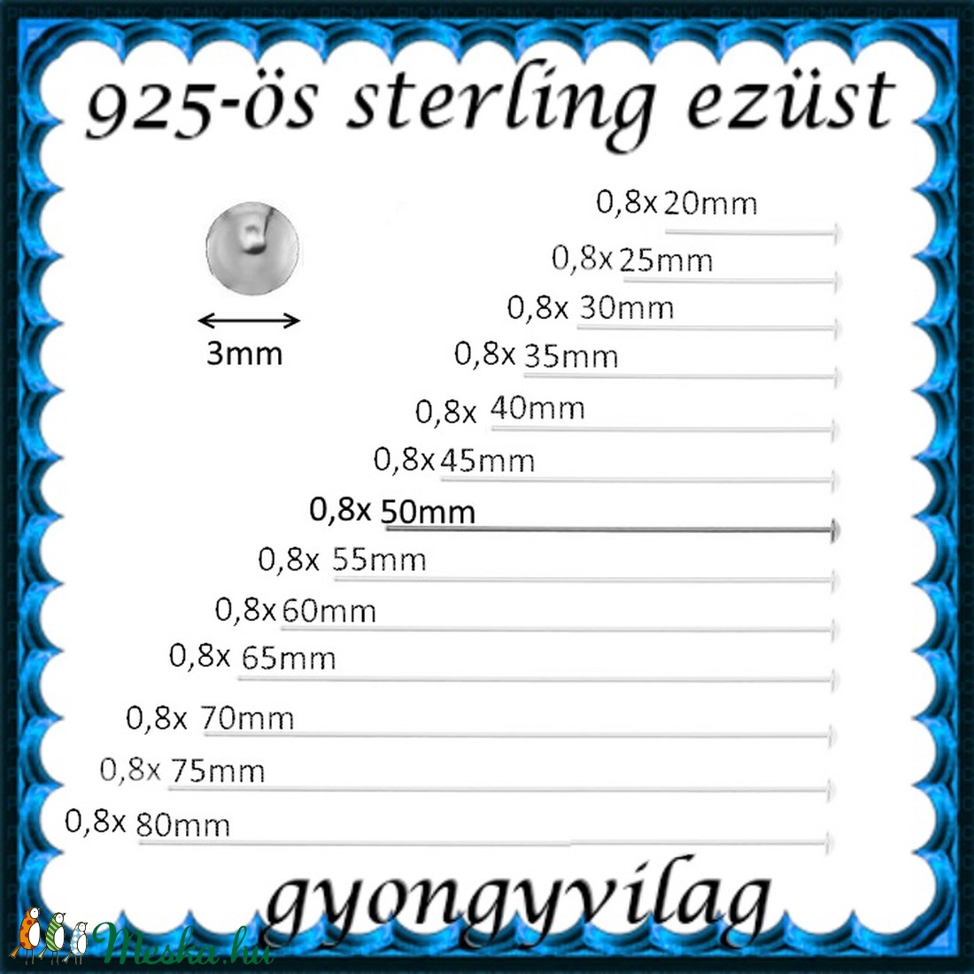 925-ös sterling ezüst ékszerkellék: szerelőpálca szög végű ESZP SZ 50x0,8 mm-es 1db/cs - gyöngy, ékszerkellék - egyéb alkatrész - Meska.hu 925-ös sterling ezüst ékszerkellék: szerelőpálca szög végű ESZP SZ 50x0,8 mm-es 1db/cs - gyöngy, ékszerkellék - egyéb alkatrész - Meska.hu