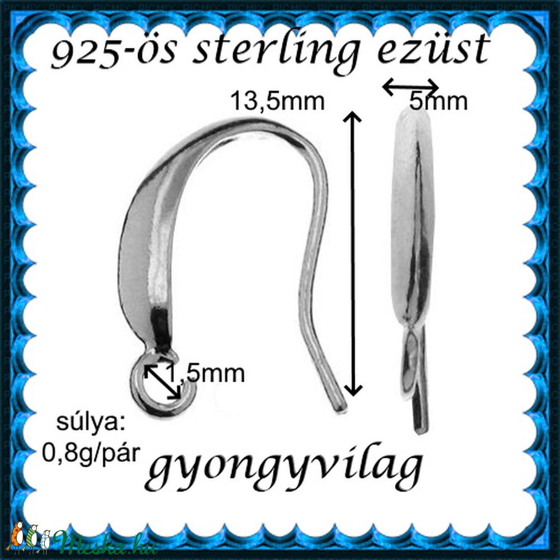  925-ös sterling ezüst ékszerkellék: fülbevalóalap akasztós EFK A 73-2r - kellékek & szerszámok - ékszerkellék - fülbevaló alap - Meska.hu