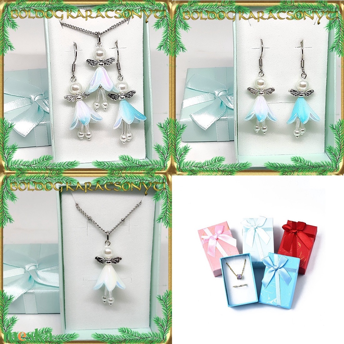 Ékszerek-szettek: karácsonyi angyalkás fülbevaló-medál-nyaklánc nemes acél/orvosi fém díszdobozban S-KA24-5 - ékszer - ékszerszett - Meska.hu