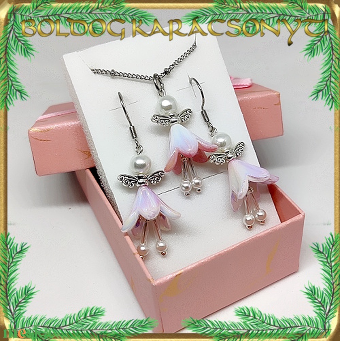 Ékszerek-szettek: karácsonyi angyalkás fülbevaló-medál-nyaklánc nemes acél/orvosi fém díszdobozban S-KA24-5 - ékszer - ékszerszett - Meska.hu