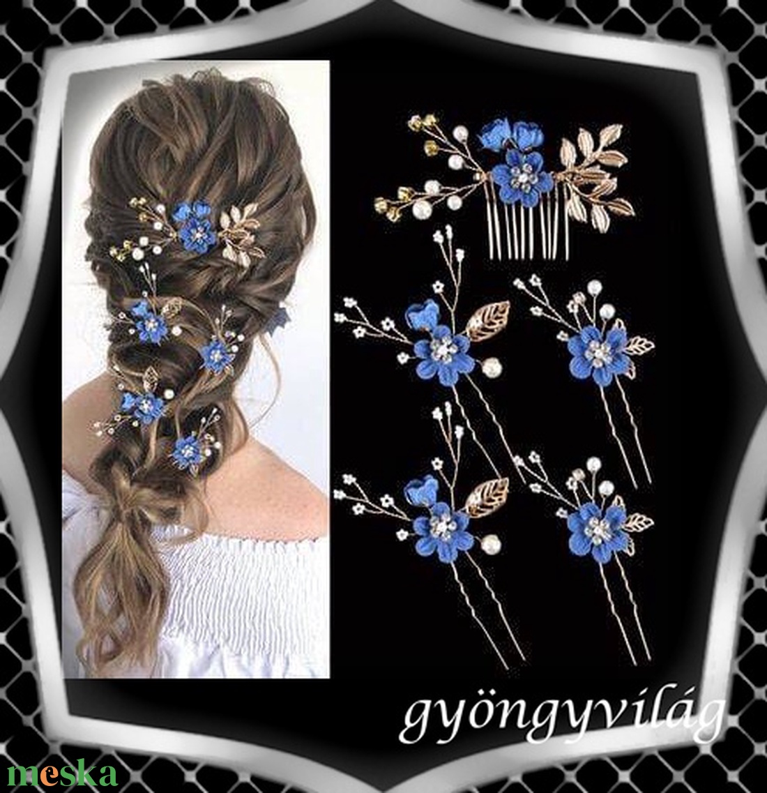 Ékszerek-hajdíszek, hajcsatok: Esküvői, menyasszonyi, alkalmi hajdísz, ES-H-SZ22a 5db-os szet sötét kék - esküvő - hajdísz - kontydísz & hajdísz - Meska.hu