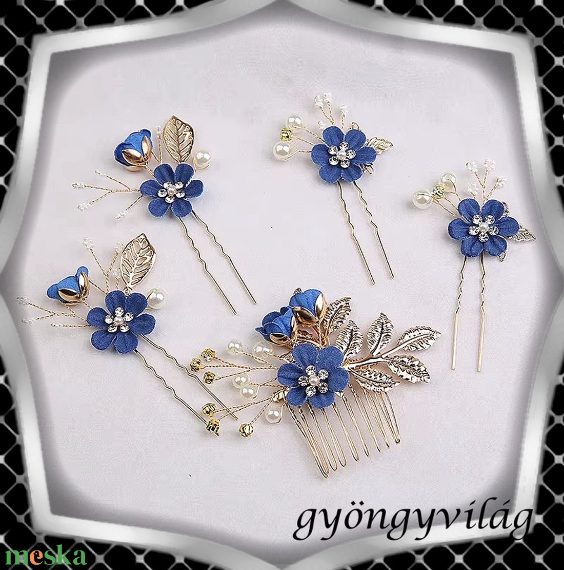 Ékszerek-hajdíszek, hajcsatok: Esküvői, menyasszonyi, alkalmi hajdísz, ES-H-SZ22a 5db-os szet sötét kék - esküvő - hajdísz - kontydísz & hajdísz - Meska.hu