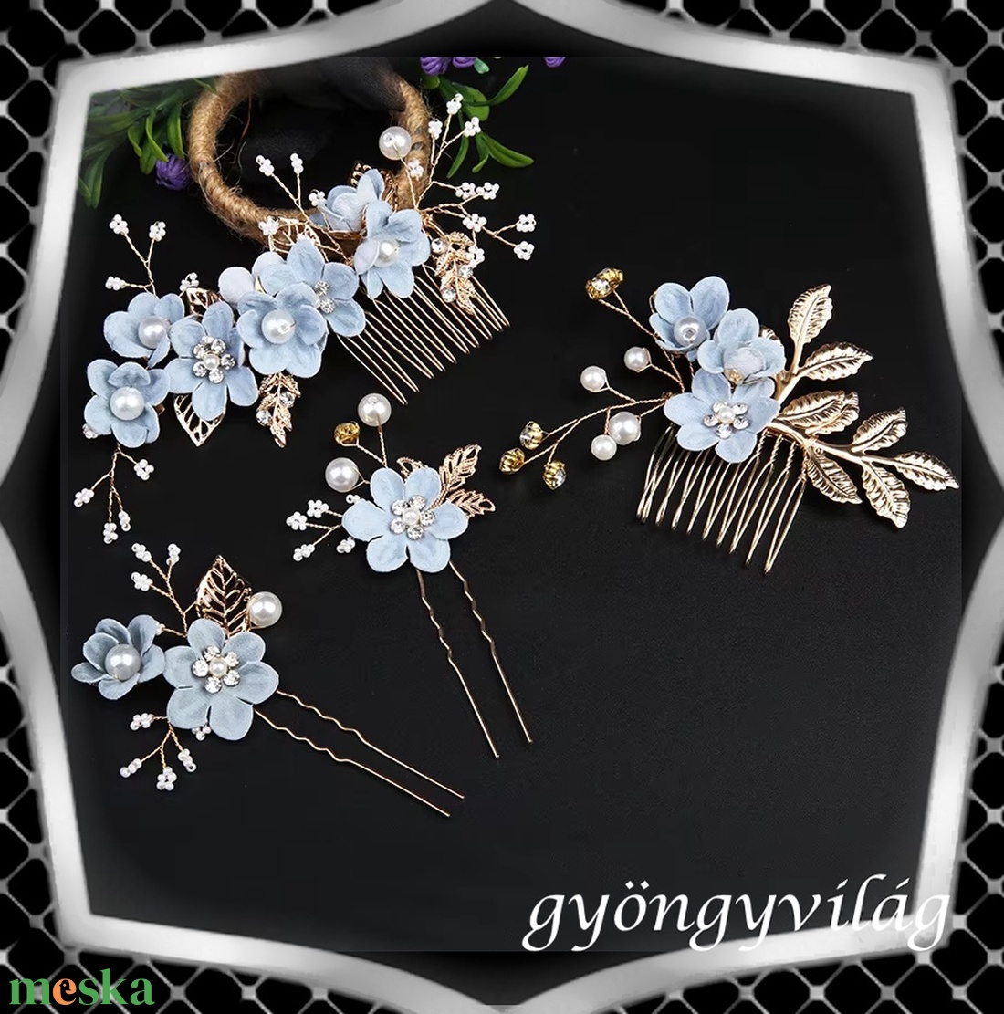 Ékszerek-hajdíszek, hajcsatok: Esküvői, menyasszonyi, alkalmi hajdísz, ES-H-SZ22a 4db-os szet kék - esküvő - hajdísz - kontydísz & hajdísz - Meska.hu