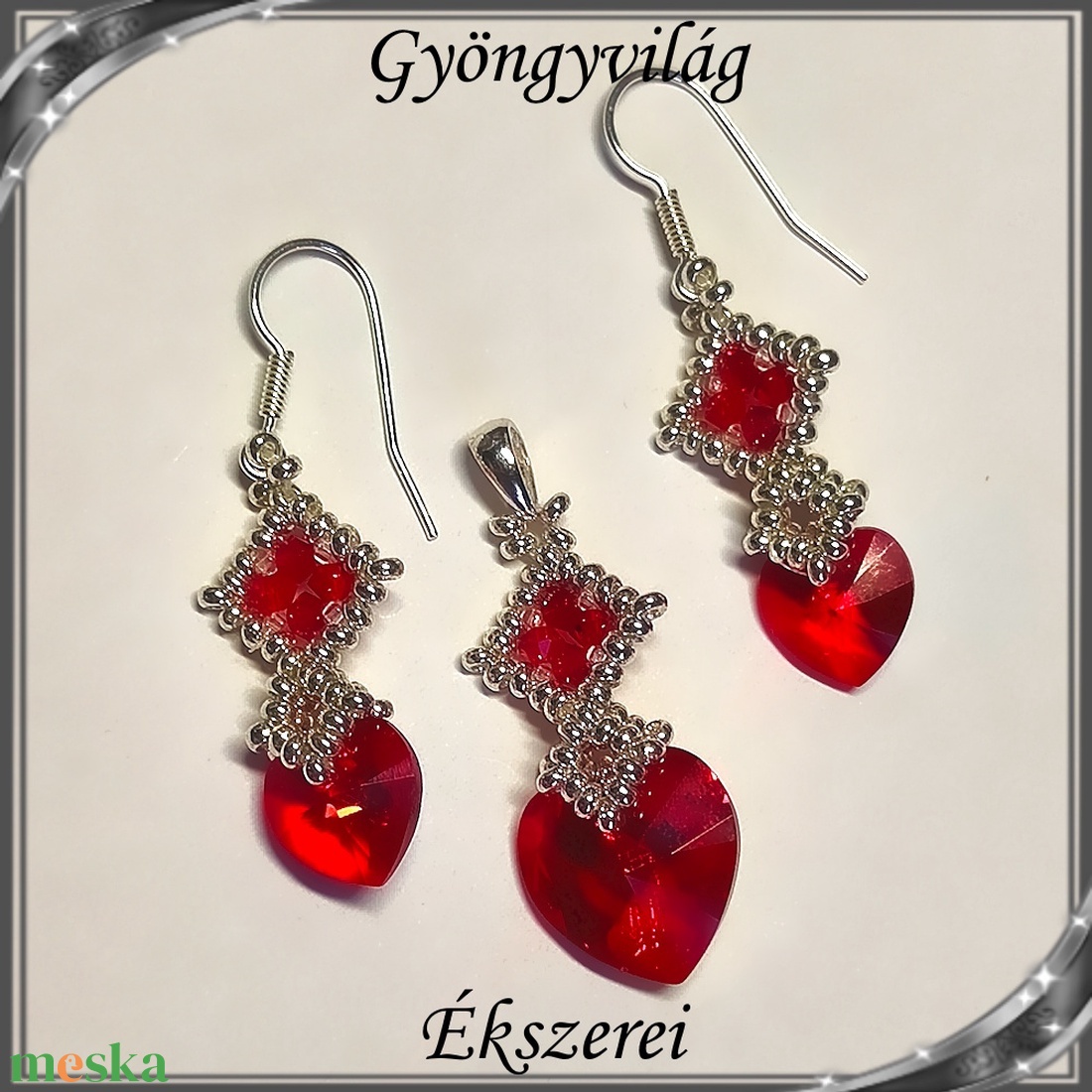 Ékszerek-szettek: Swarovski kristály fülbevaló-medál -10-14mm-es szív szett SSZ-SW 01 Lt.siam - ékszer - ékszerszett - Meska.hu