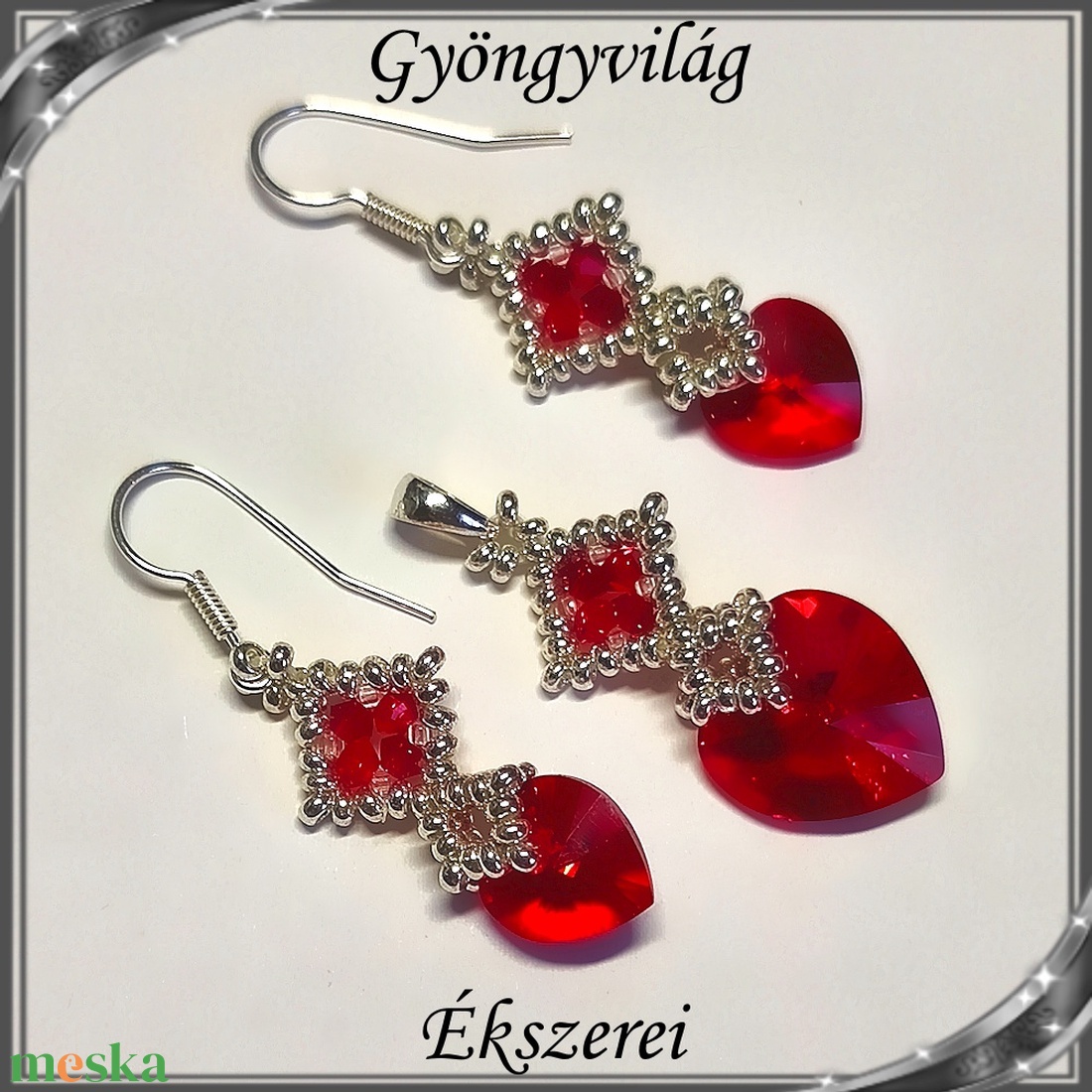 Ékszerek-szettek: Swarovski kristály fülbevaló-medál -10-14mm-es szív szett SSZ-SW 01 Lt.siam - ékszer - ékszerszett - Meska.hu
