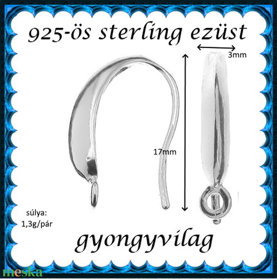  925-ös sterling ezüst ékszerkellék: fülbevalóalap akasztós EFK A 93-2 - kellékek & szerszámok - ékszerkellék - fülbevaló alap - Meska.hu