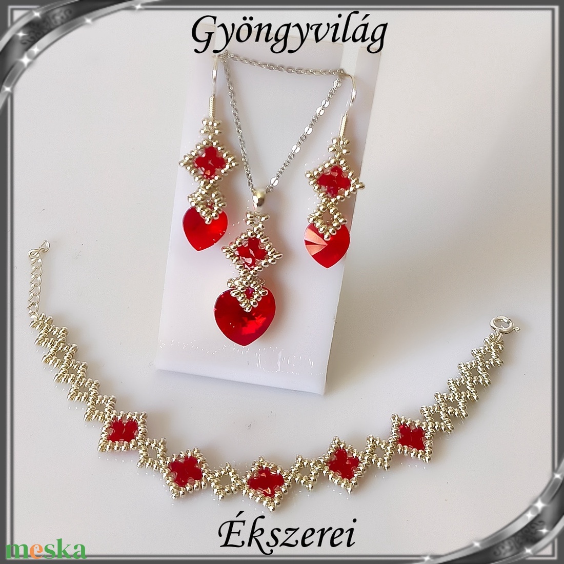 Ékszerek-szettek: Swarovski kristály fülbevaló-medál -10-14mm-es szív szett SSZ-SW 01 925 Lt.siam - ékszer - ékszerszett - Meska.hu