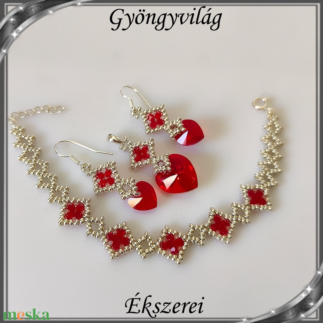 Ékszerek-szettek: Swarovski kristály fülbevaló-medál -10-14mm-es szív szett SSZ-SW 01 925 Lt.siam - ékszer - ékszerszett - Meska.hu