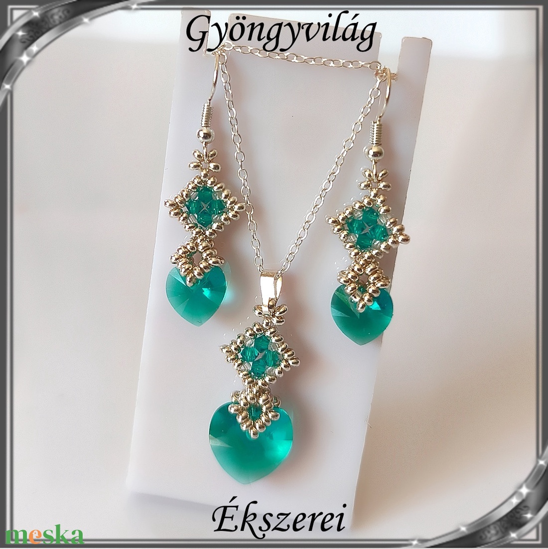 Ékszerek-szettek: Swarovski kristály fülbevaló-medál -10-14mm-es szív szett SSZ-SW 01 emerald - ékszer - ékszerszett - Meska.hu