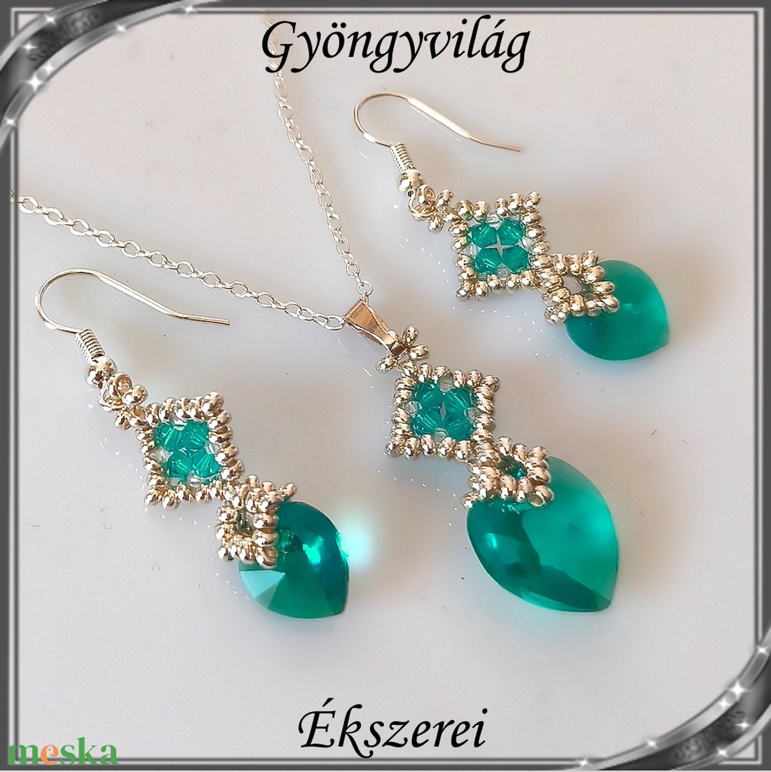 Ékszerek-szettek: Swarovski kristály fülbevaló-medál -10-14mm-es szív szett SSZ-SW 01 emerald - ékszer - ékszerszett - Meska.hu