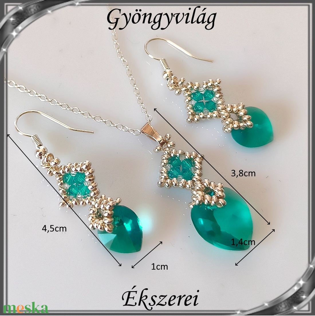 Ékszerek-szettek: Swarovski kristály fülbevaló-medál -10-14mm-es szív szett SSZ-SW 01 emerald - ékszer - ékszerszett - Meska.hu