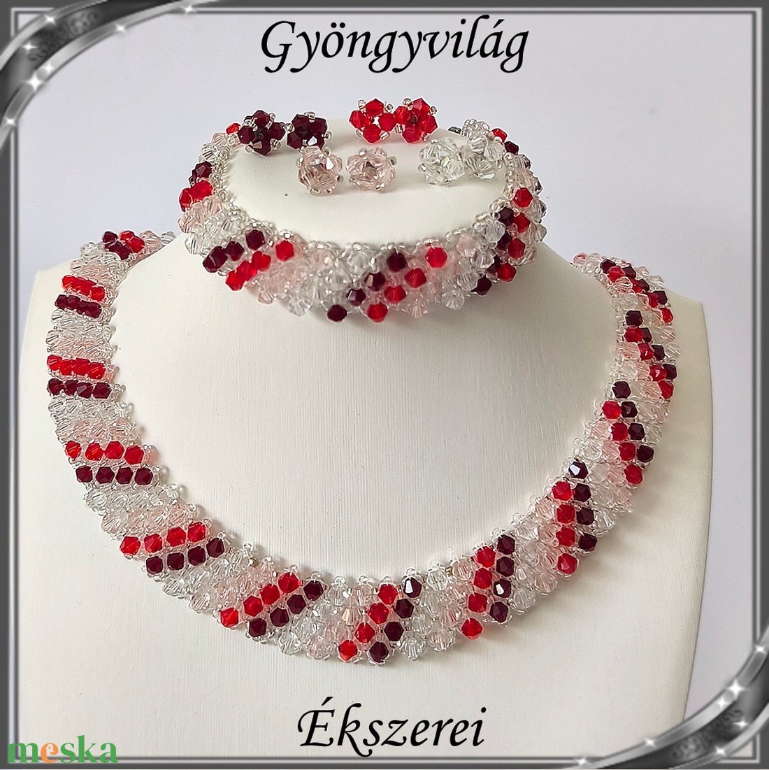 Ékszerek-szettek: Esküvői, menyasszonyi, alkalmi ékszer szett,  SSZ-ÜGY007 01 BI  clear-rózsaszín-piros-sötét piros - esküvő - ékszer - ékszerszett - Meska.hu
